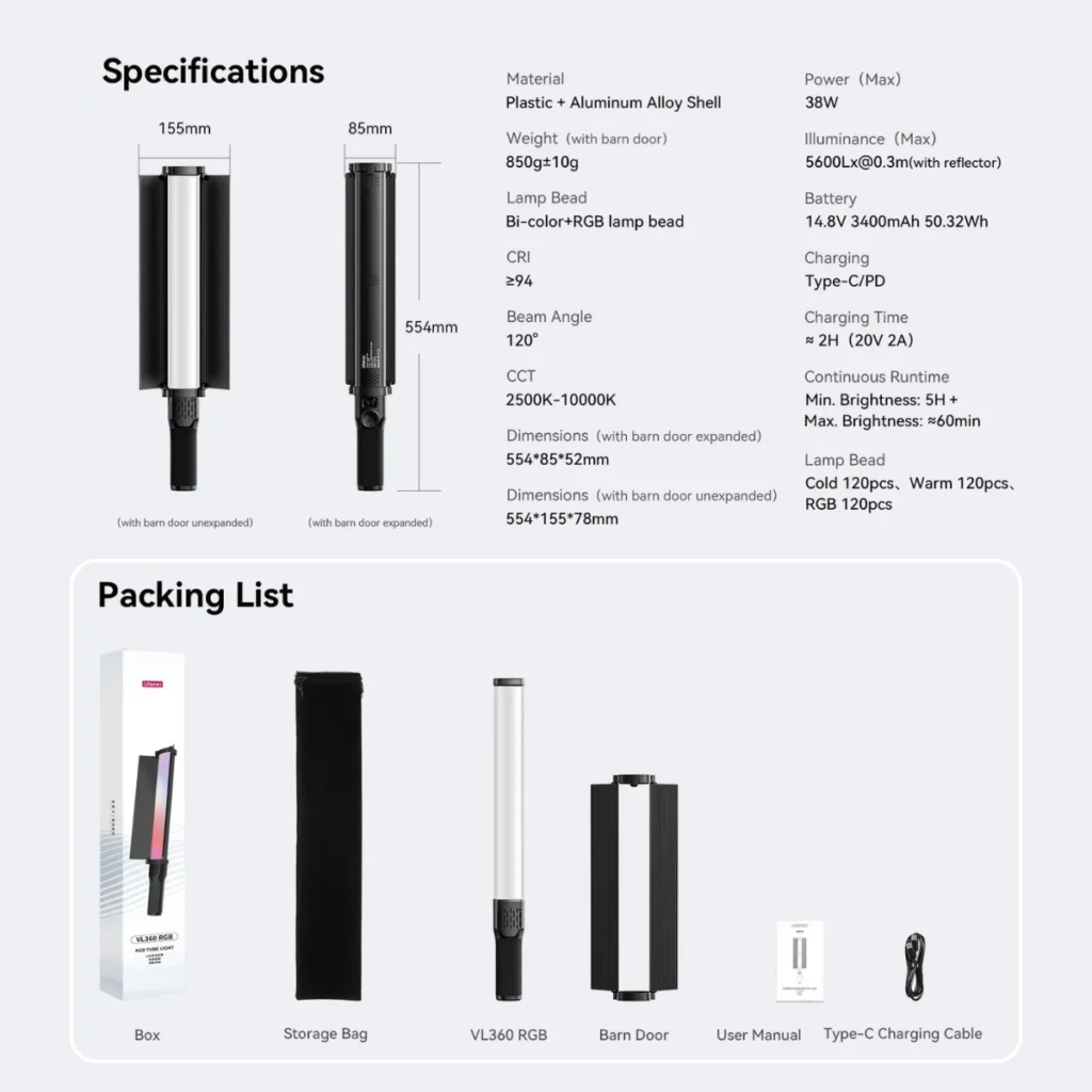Ulanzi ไฟ LED RGB VL360 Light Stick 38W ไฟถ่ายวิดีโอ