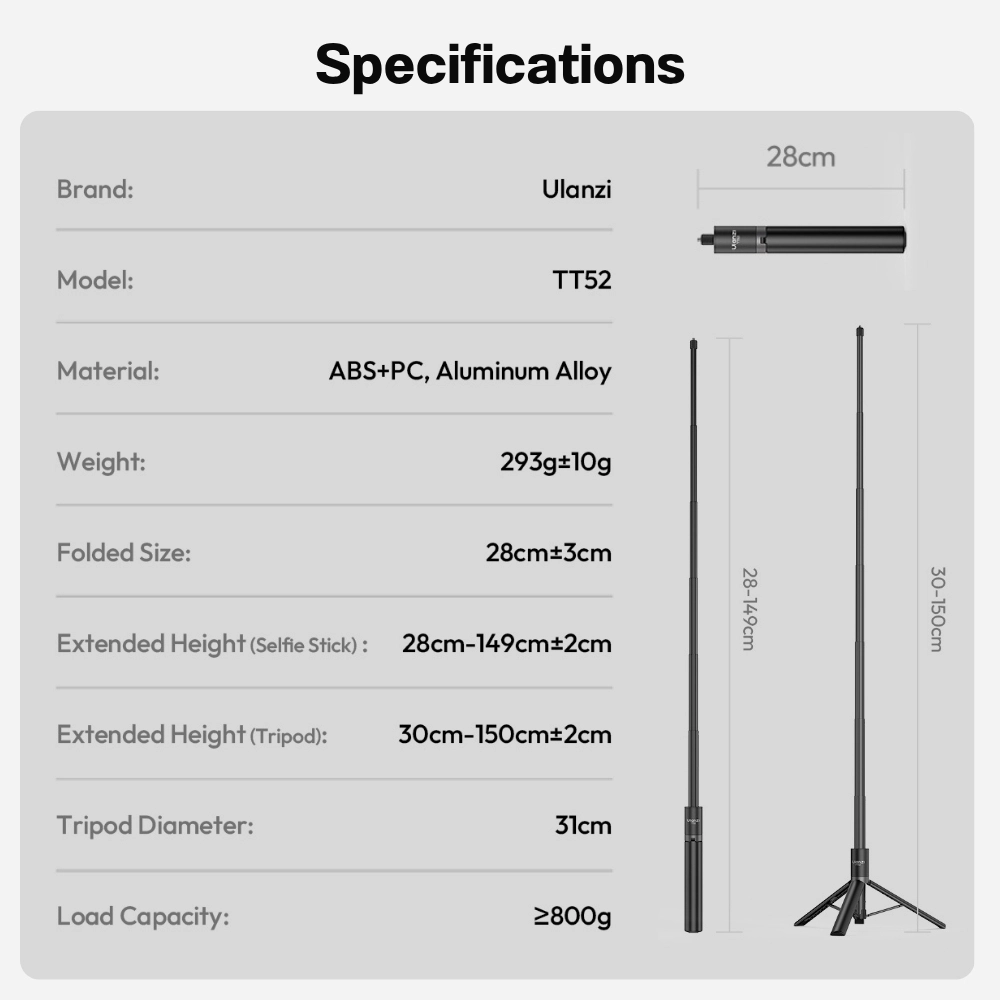 Ulanzi ไม้เซลฟี่ TT52 Selfie Stick Tripod ไม้ล่องหน ขาตั้งกล้อง สูง 1.5 เมตร สำหรับ กล้อง Insta360 / GoPro DJI Osmo Pocket 4P / Insta360 Luna Ultra