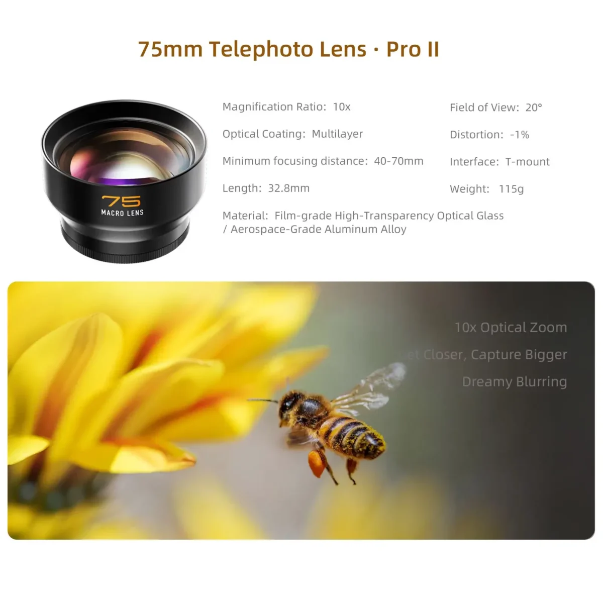 Fotorgear Macro Lens 75mm เลนส์มือถือ 75มม. เลนส์มาโคร T mount เลนส์โทรศัพท์ เลนส์ถ่ายแมลง เลนส์ถ่ายพระ เลนส์ถ่ายดอกไม้ กำลังขยาย 10x lens iphone
