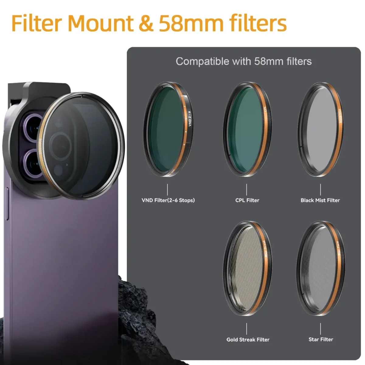Fotorgear Filter Pro 58mm ฟิลเตอร์มือถือ ฟิลเตอร์โทรศัพท์ Filter iPhone Star filter, Gold filter, Black mist filter, VND filter, CPL filter