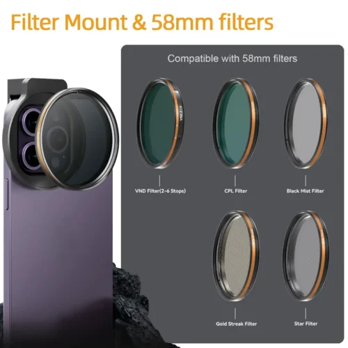 Fotorgear Filter Pro 58mm ฟิลเตอร์มือถือ ฟิลเตอร์โทรศัพท์ Filter iPhone Star filter, Gold filter, Black mist filter, VND filter, CPL filter