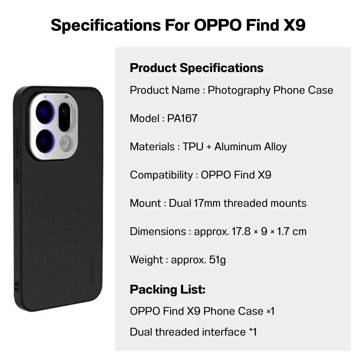 NEEWER เคสมือถือ PA167 Case OPPO Find X9 รองรับเลนส์ 17mm