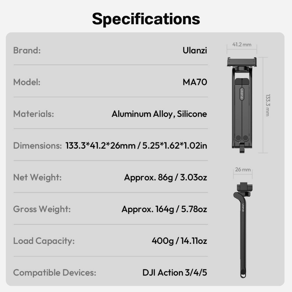 Ulanzi ไม้เซลฟี่ กล้อง DJI MA70 ขาตั้งกล้องแอคชั่น แม่เหล็ก สำหรับ DJI Osmo Action 5 Pro / 4/ 3