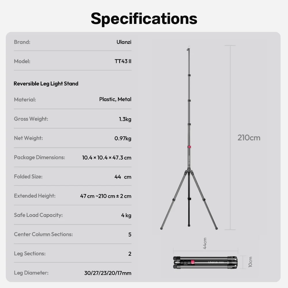 Ulanzi ขาตั้งไฟ TT43 II Light Stand สูง 2.1 เมตร พร้อม Tilt Head 1/4