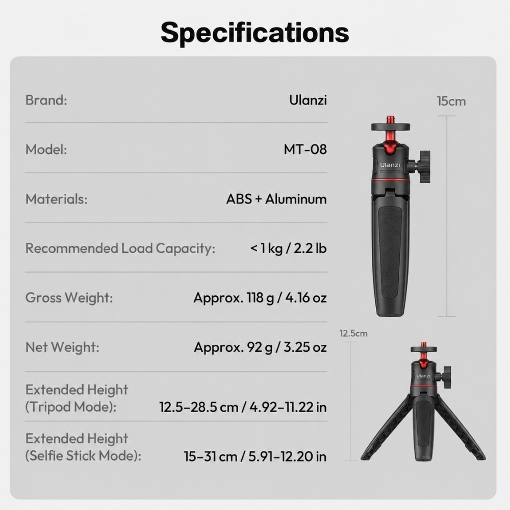 Ulanzi ขาตั้งกล้องมินิ MT08 V2 Mini Tripod ไม้เซลฟี่ สำหรับกล้อง พร้อม หัวบอล 360°