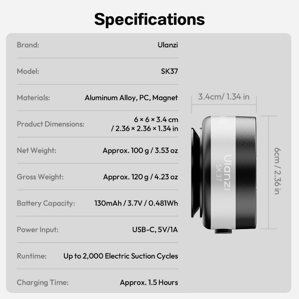 Ulanzi ฐานดูดอัตโนมัติ SK37 Electric Suction Mount ฐานติดกล้องในรถ แม่เหล็ก Magsafe และช่อง 1/4"