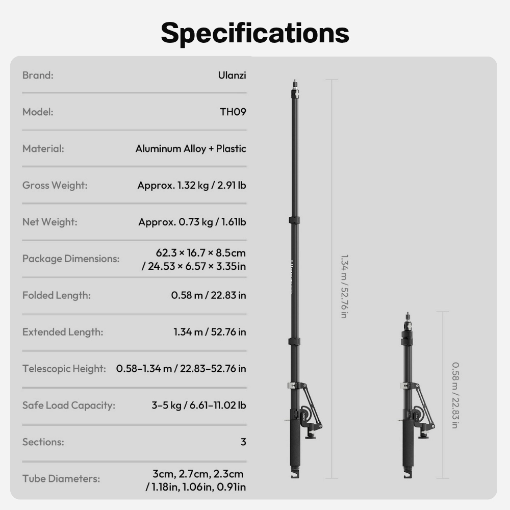 Ulanzi แขนบูม TH09 Camera & Light Boom Arm ขาตั้งไฟ สำหรับใส่กล้องและไฟ มุมท็อป ยืดได้ 1.34 ม.