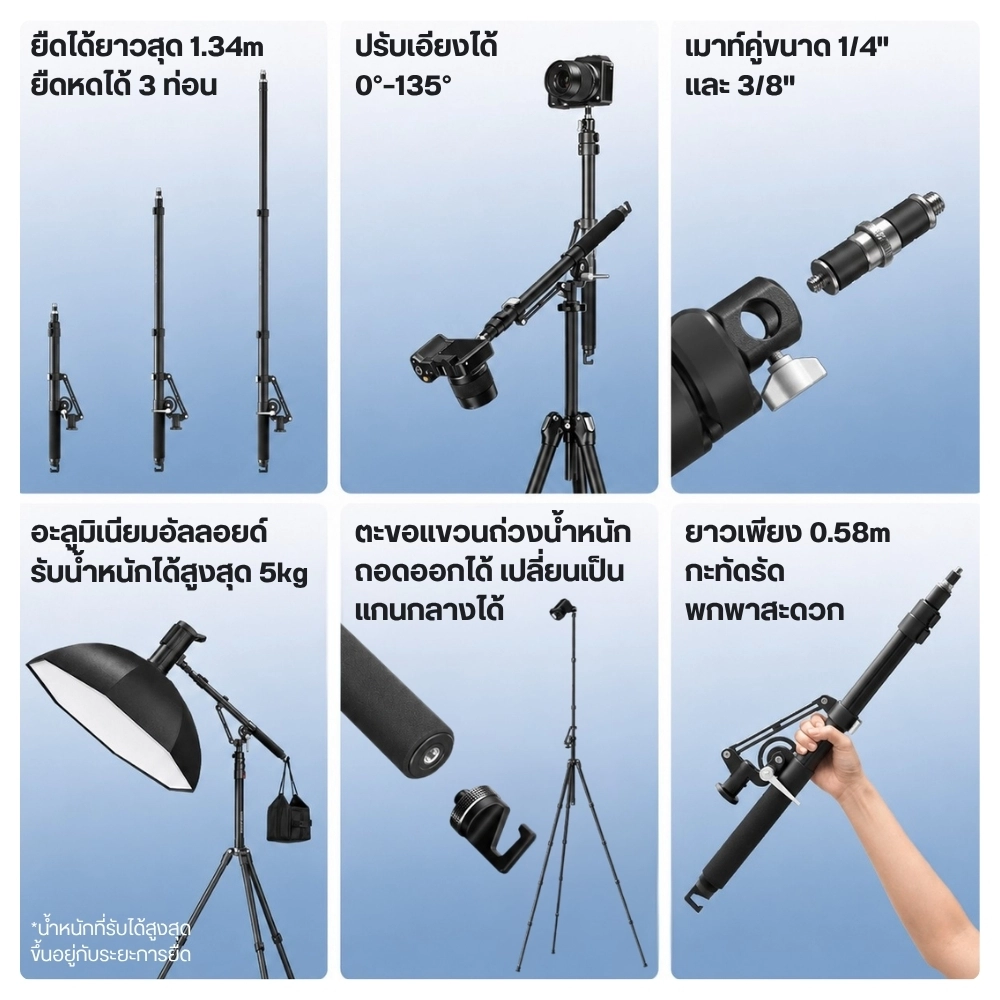 Ulanzi แขนบูม TH09 Camera & Light Boom Arm ขาตั้งไฟ สำหรับใส่กล้องและไฟ มุมท็อป ยืดได้ 1.34 ม.