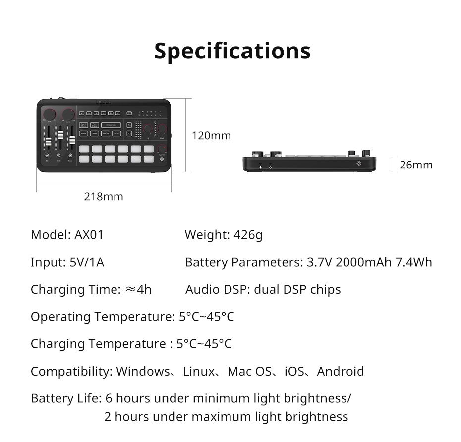 Ulanzi Audio Mixer AX01 ซาวด์การ์ดไลฟ์ Dual DSP สำหรับคอมพิวเตอร์