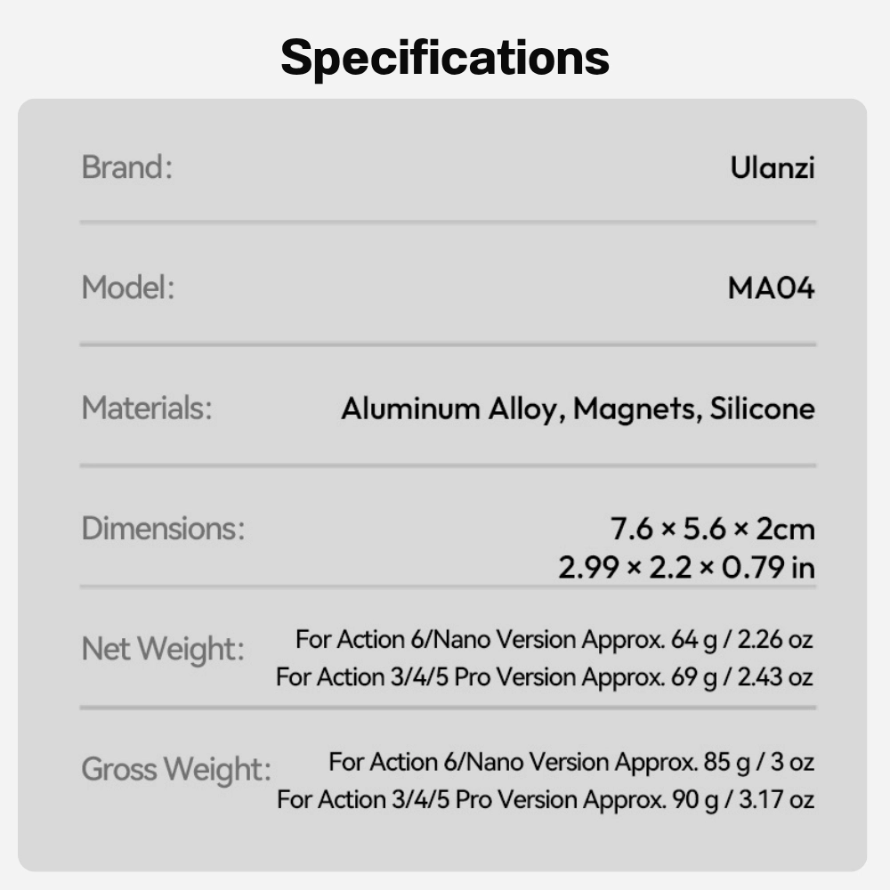 Ulanzi ขาตั้งกล้อง MA04 Quick-Release Mount Compatible with DJI Action 6 / Nano / Action 5 Pro , 4 , 3