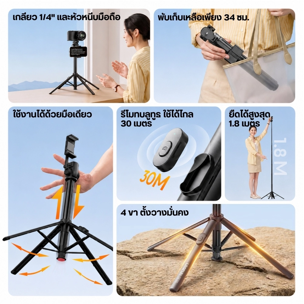 Ulanzi ขาตั้งมือถือ SK32 Auto-Open Phone Tripod ไม้เซลฟี่ ยืดได้ 1.8 ม. พร้อมรีโมท