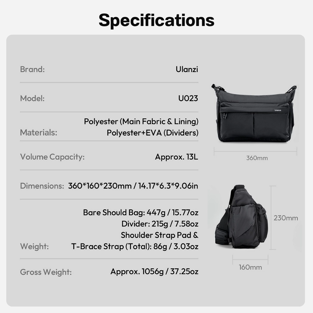 Ulanzi กระเป๋ากล้อง U023 Camera Shoulder Bag กระเป๋าสะพายข้าง ความจุ 13L ใส่โน้ตบุ๊ก 14 นิ้วได้