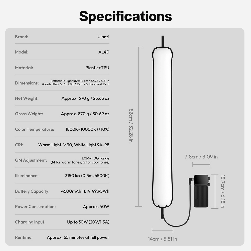 Ulanzi ไฟแท่งเป่าลม AL40 RGB Air Tube Light กำลังไฟ 40W ไฟสตูดิโอ LED แบบแท่ง พับเก็บได้