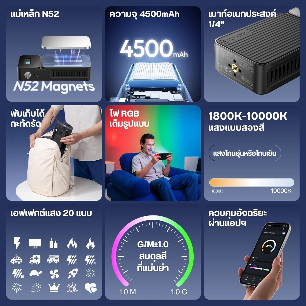 Ulanzi ไฟแท่งเป่าลม AL40 RGB Air Tube Light กำลังไฟ 40W ไฟสตูดิโอ LED แบบแท่ง พับเก็บได้