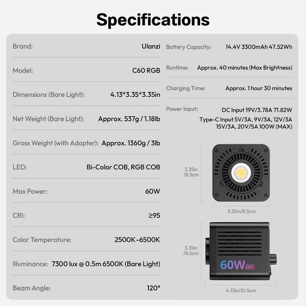 Ulanzi ไฟสตูดิโอพกพา C60 RGB 60W COB Video Light ไฟไลฟ์สด