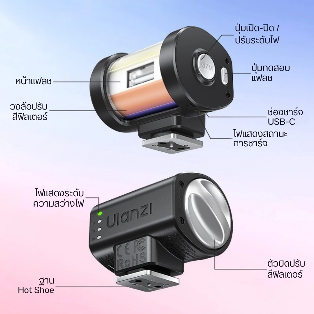 Ulanzi แฟลชกล้องมินิ KL01 Mini Camera Flash พร้อมฟิลเตอร์สีในตัว 7 สี