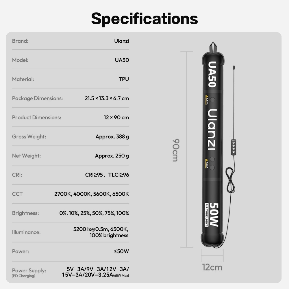 Ulanzi ไฟแท่งเป่าลม UA50 Air Tube Light ไฟแท่งพับได้ กำลังไฟ 50W ไฟสตูดิโอ ไฟถ่ายภาพ